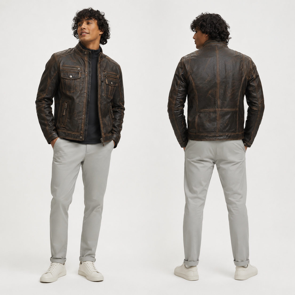 Men's Distressed Brown Leather Motorcycle Jacket | Rugged Cafe Racer