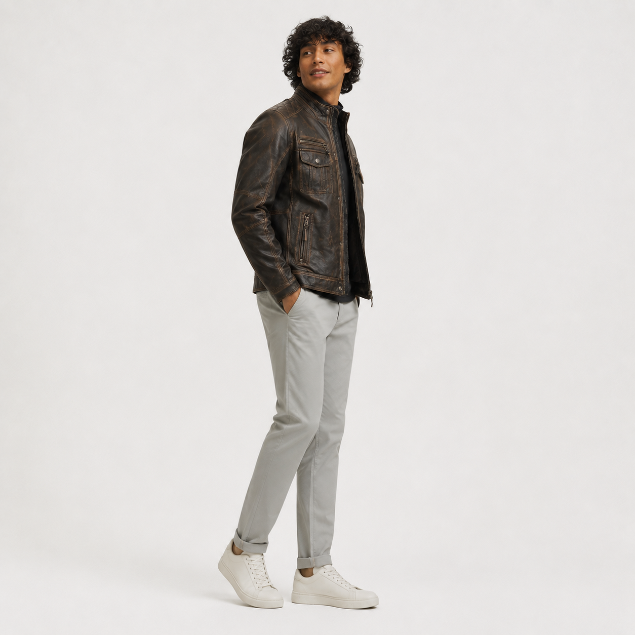 Men's Distressed Brown Leather Motorcycle Jacket | Rugged Cafe Racer
