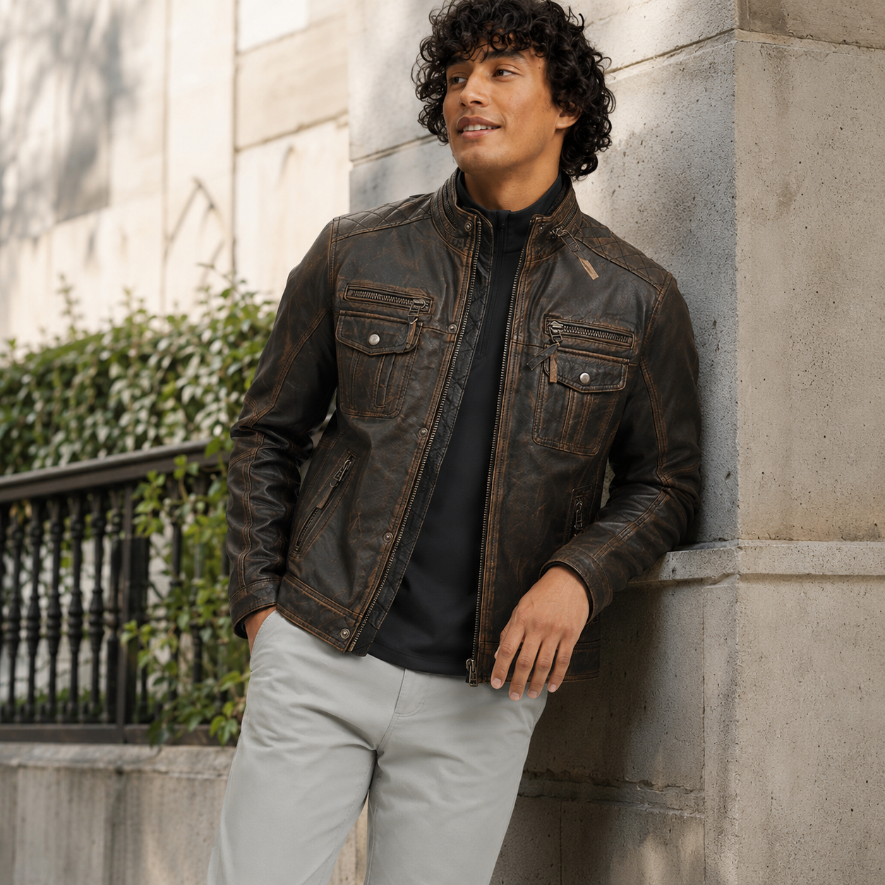 Men's Distressed Brown Leather Motorcycle Jacket | Rugged Cafe Racer