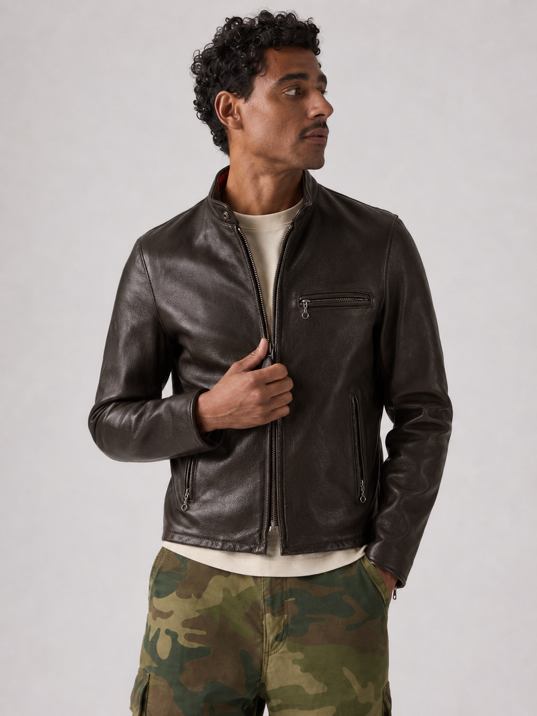 Men's Classic Leather Cafe Racer Motorcycle Jacket