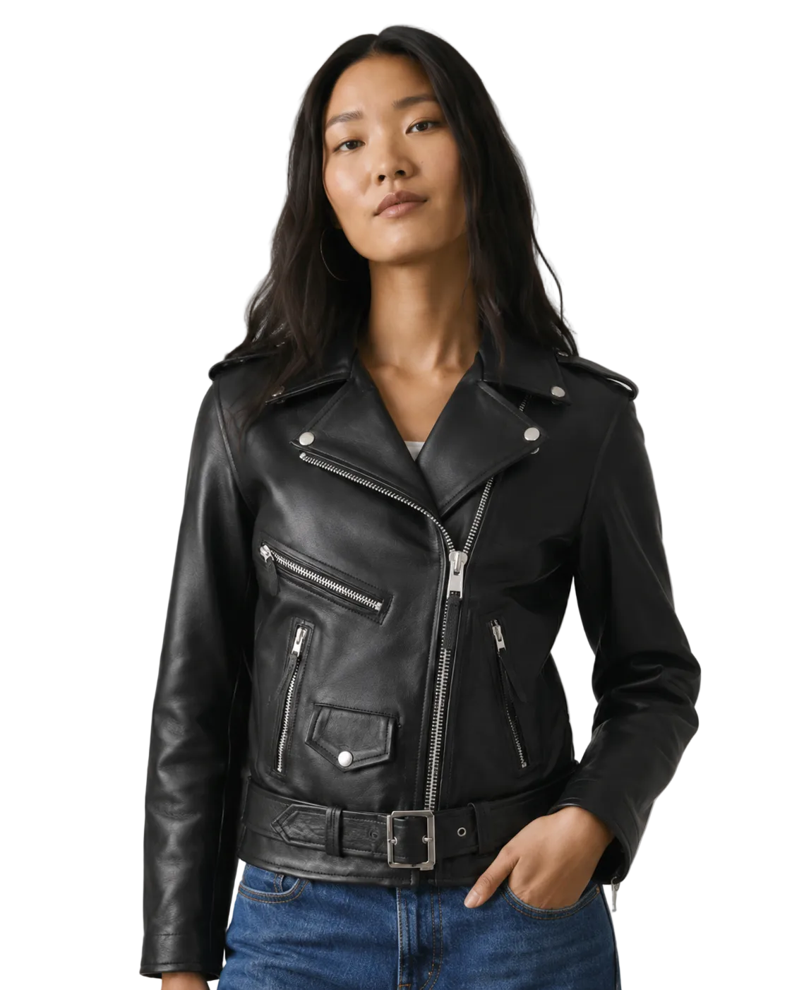 Woman wearing black leather biker jacket with zippers and belt, paired with blue jeans