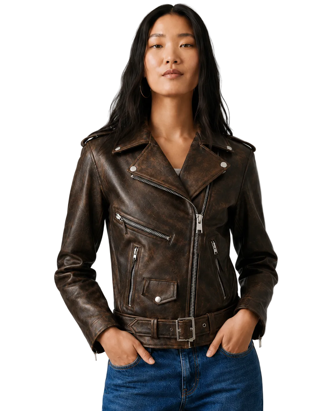 Woman wearing brown distressed leather moto jacket with zippers and belt, paired with blue jeans