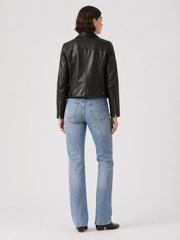 Black leather jacket with blue jeans, back view, stylish casual outfit