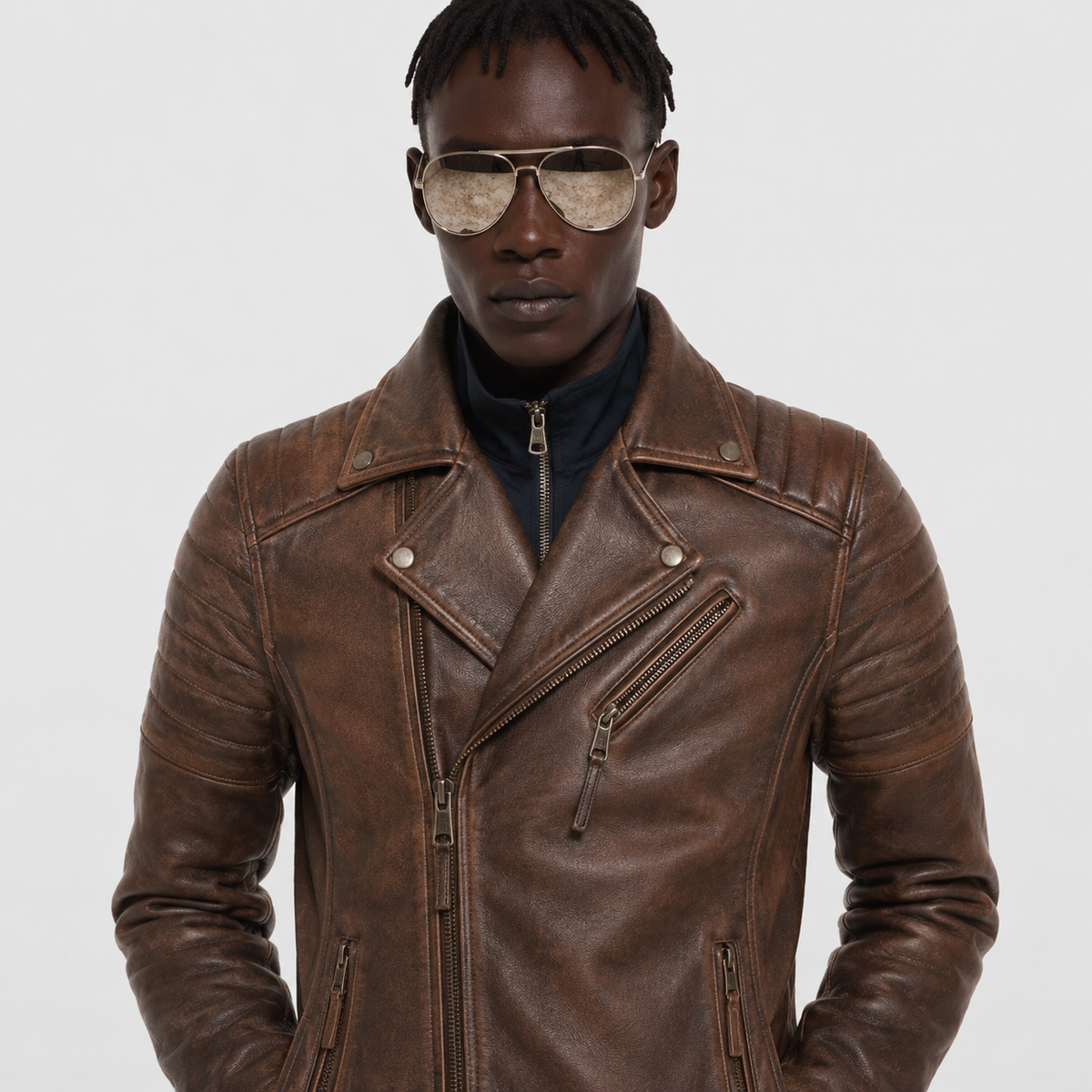 Men's Vintage Brown Studded Lambskin Leather Jacket