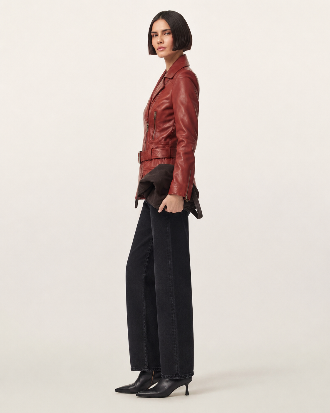 Women's Burgundy Asymmetric Sheep Aniline Leather Motorcycle Jacket