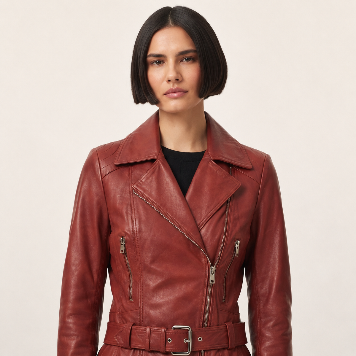 Women's Burgundy Asymmetric Sheep Aniline Leather Motorcycle Jacket