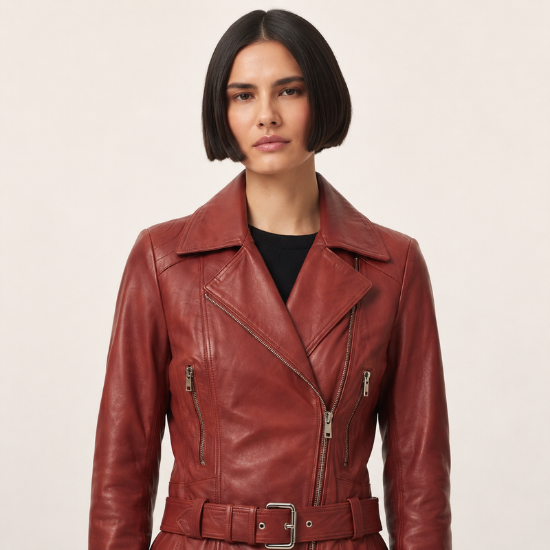Women's Burgundy Asymmetric Sheep Aniline Leather Motorcycle Jacket