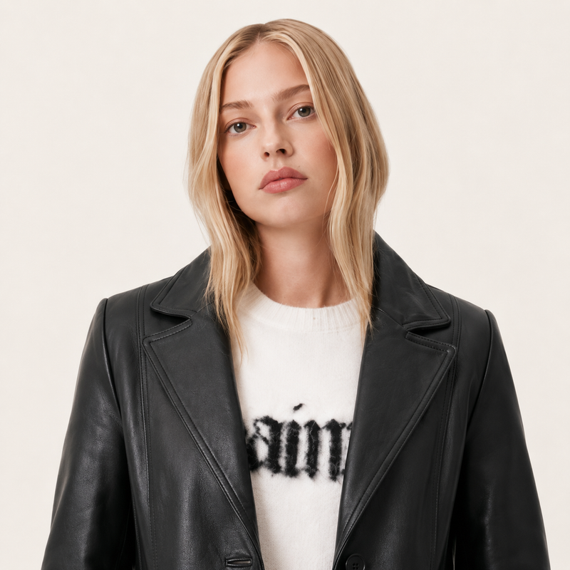 Women's Classic Black Tailored Sheep Nappa Leather Blazer Coat