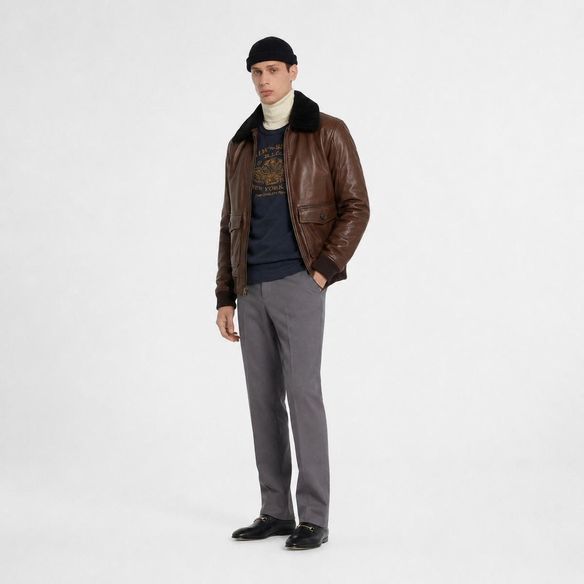 Men's Classic Leather Aviator Flight Bomber Jacket