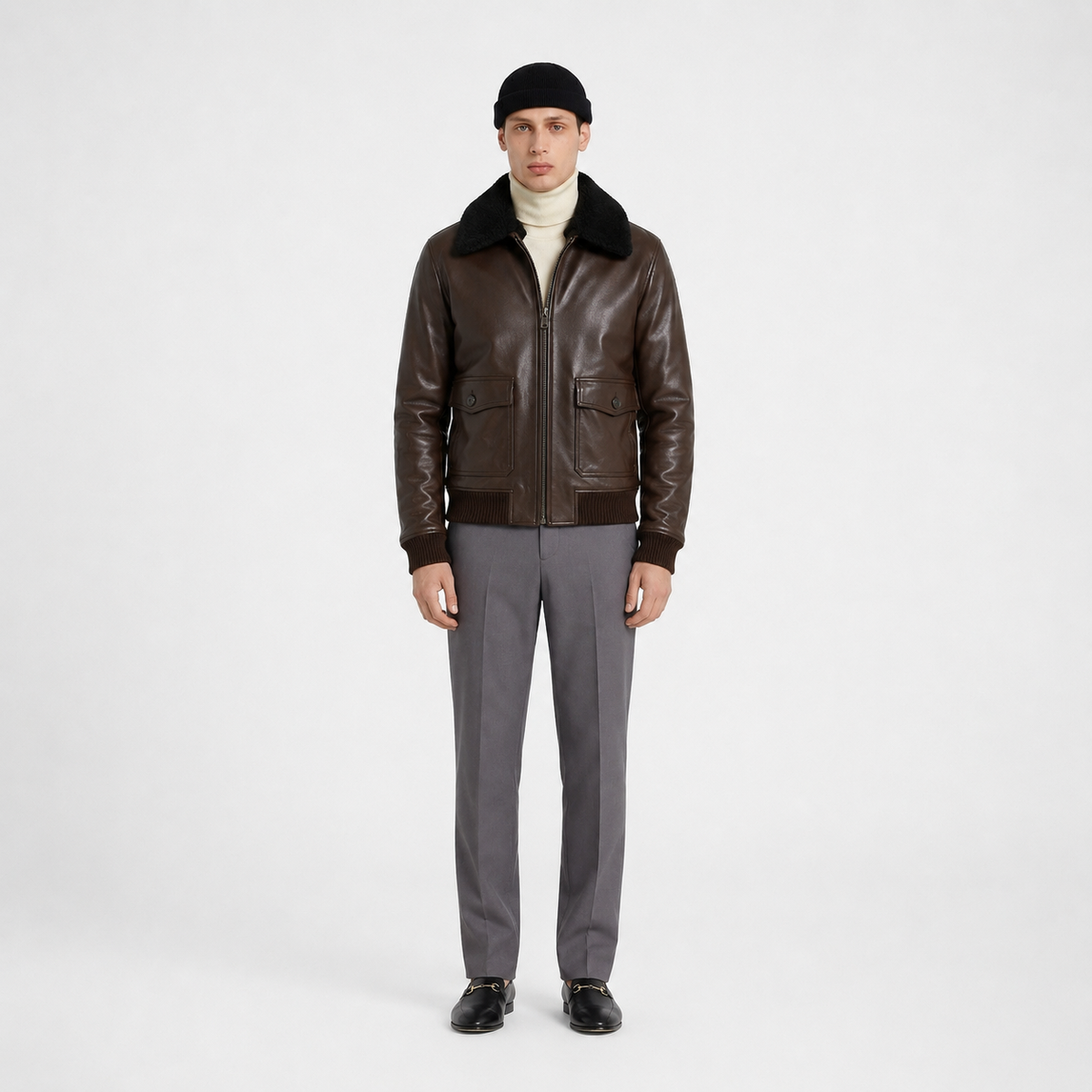 Men's Classic Leather Aviator Flight Bomber Jacket