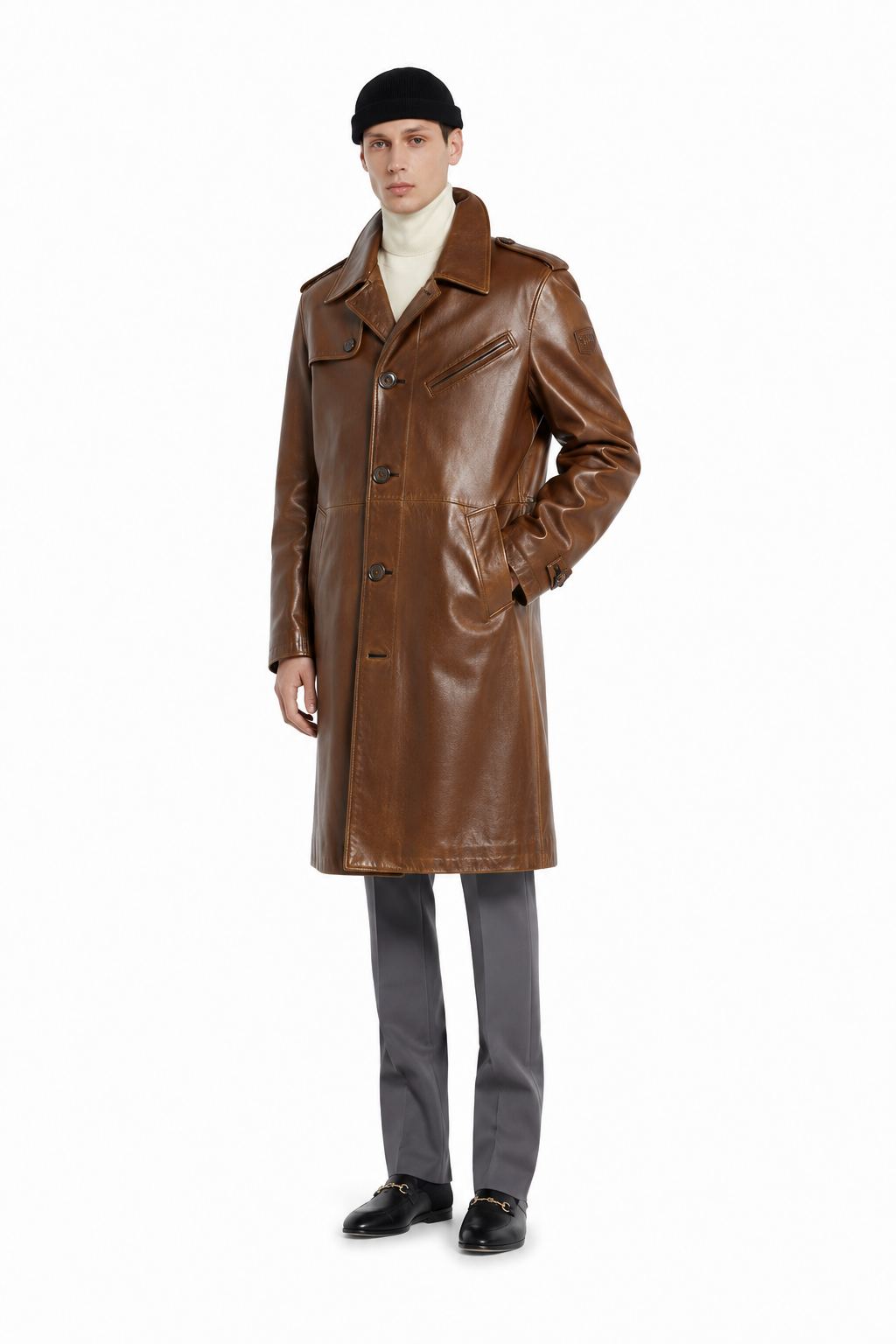 Men's Classic Leather Double-Breasted Trench Coat