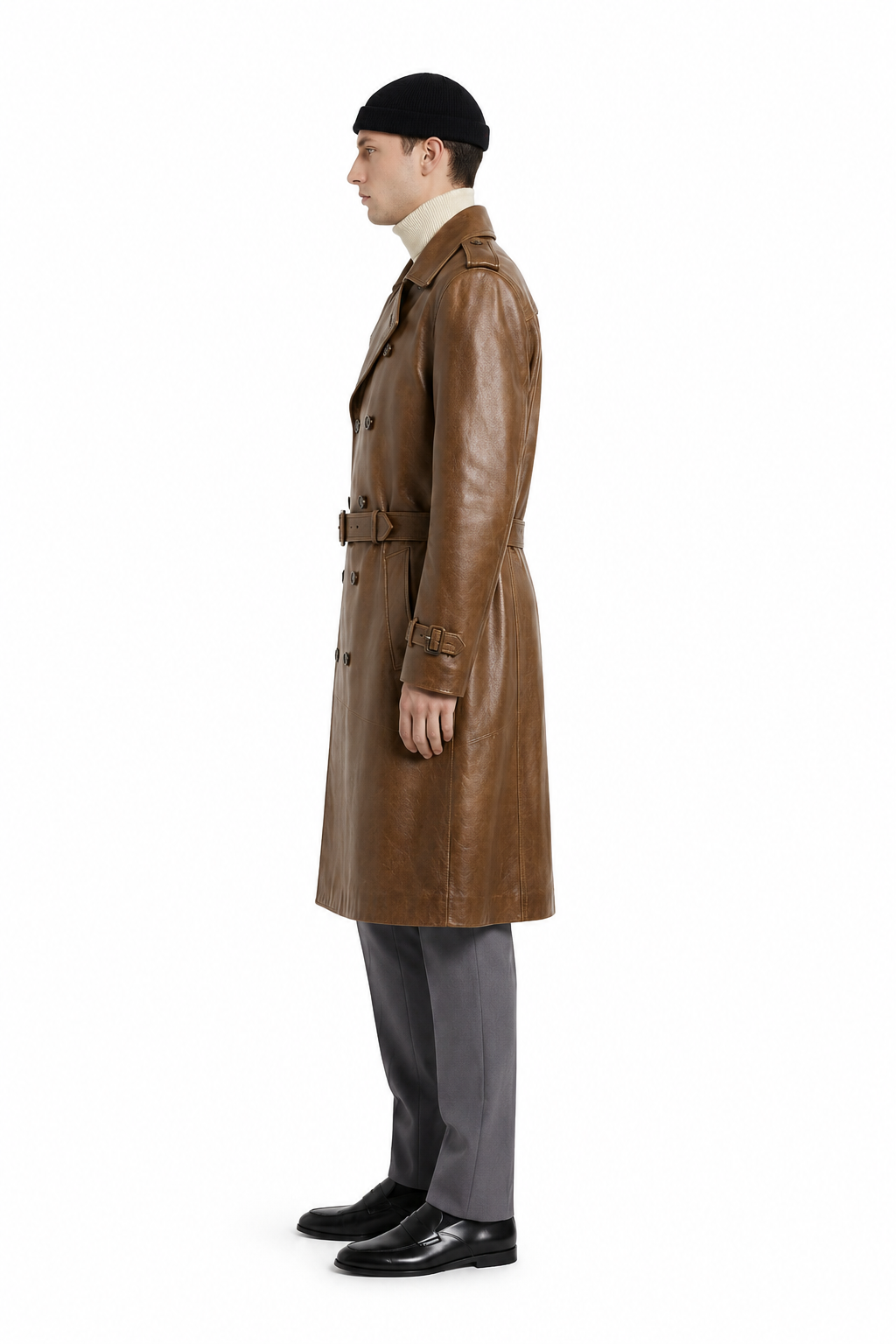 Men's Classic Leather Double-Breasted Trench Coat