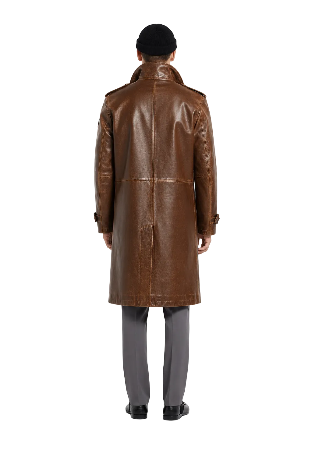 Men's brown leather trench coat with classic back view, paired with gray trousers and black beanie