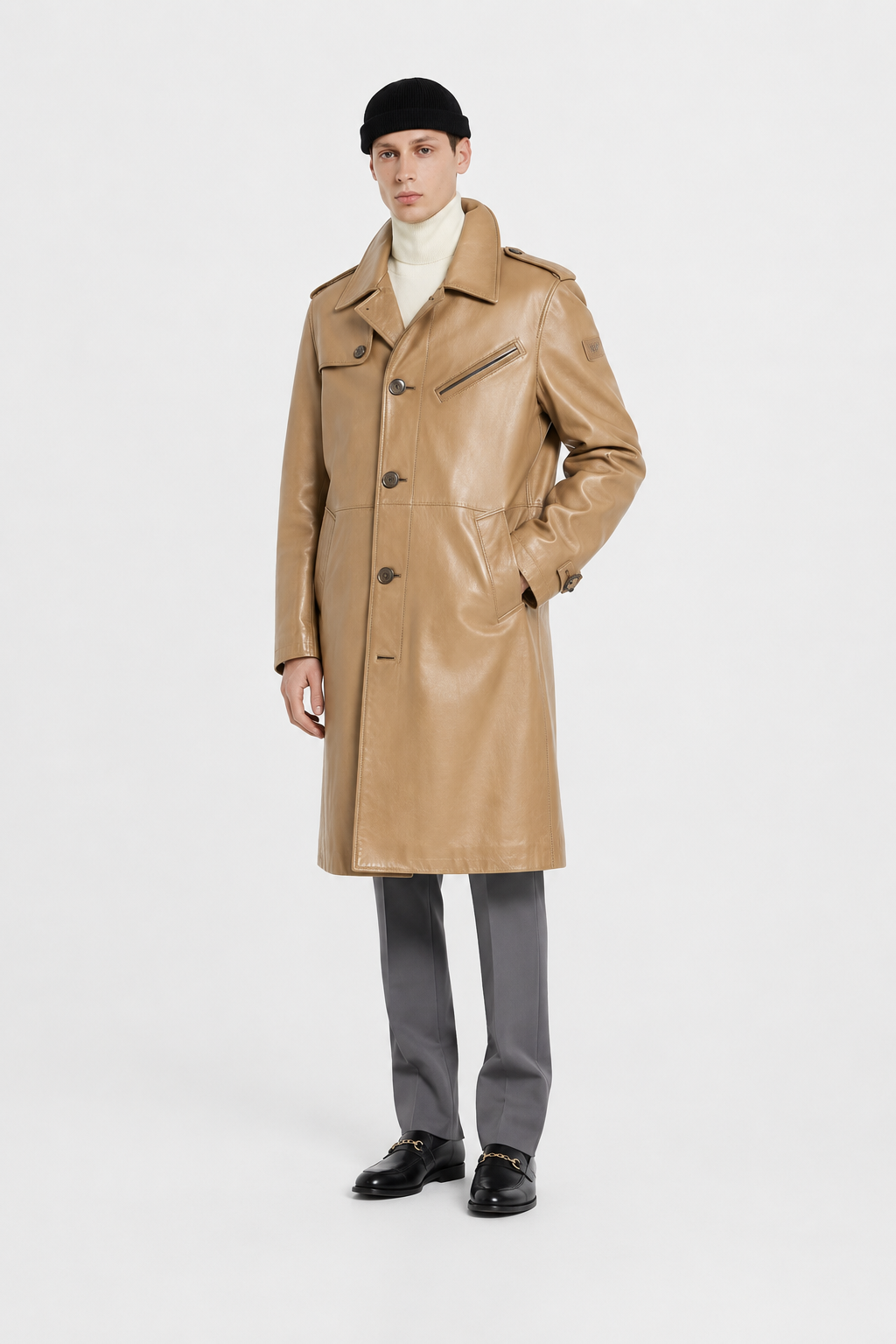 Men's Classic Leather Double-Breasted Trench Coat
