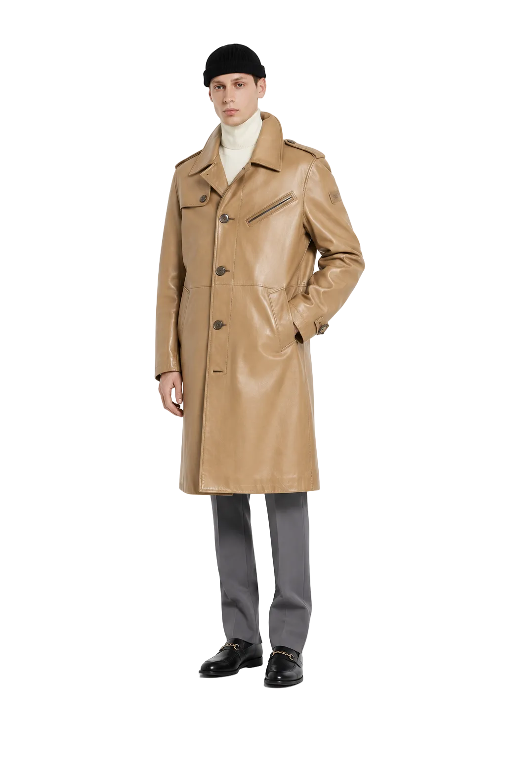Tan leather trench coat for men, styled with turtleneck, gray trousers, and black loafers