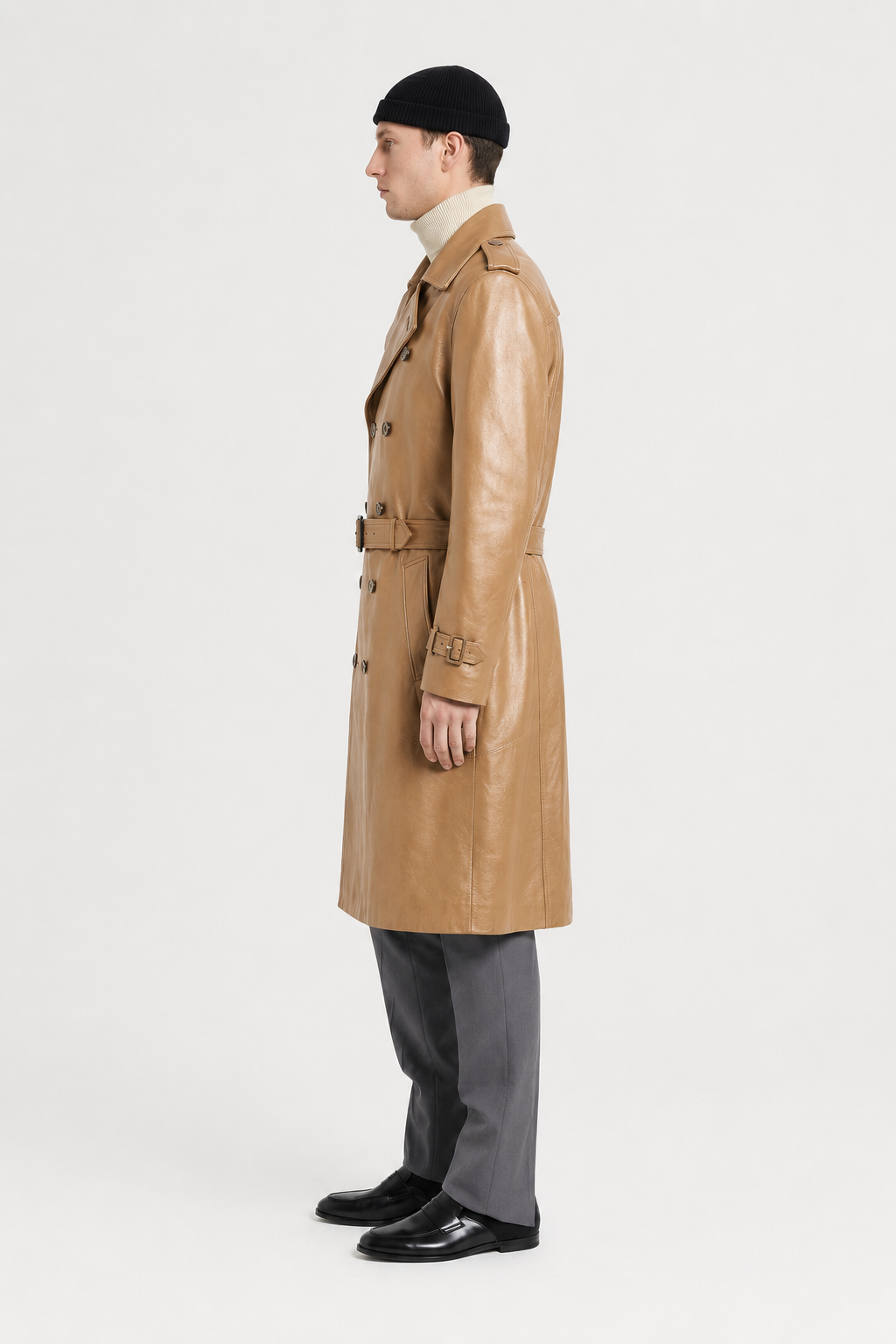 Men's Classic Leather Double-Breasted Trench Coat