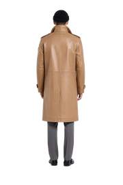 Tan leather trench coat back view, men's fashion, stylish outerwear