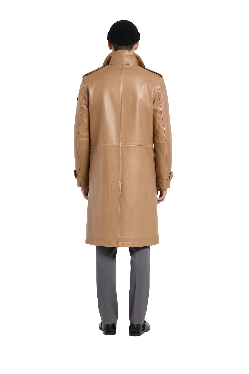 Tan leather trench coat back view, men's fashion, stylish outerwear