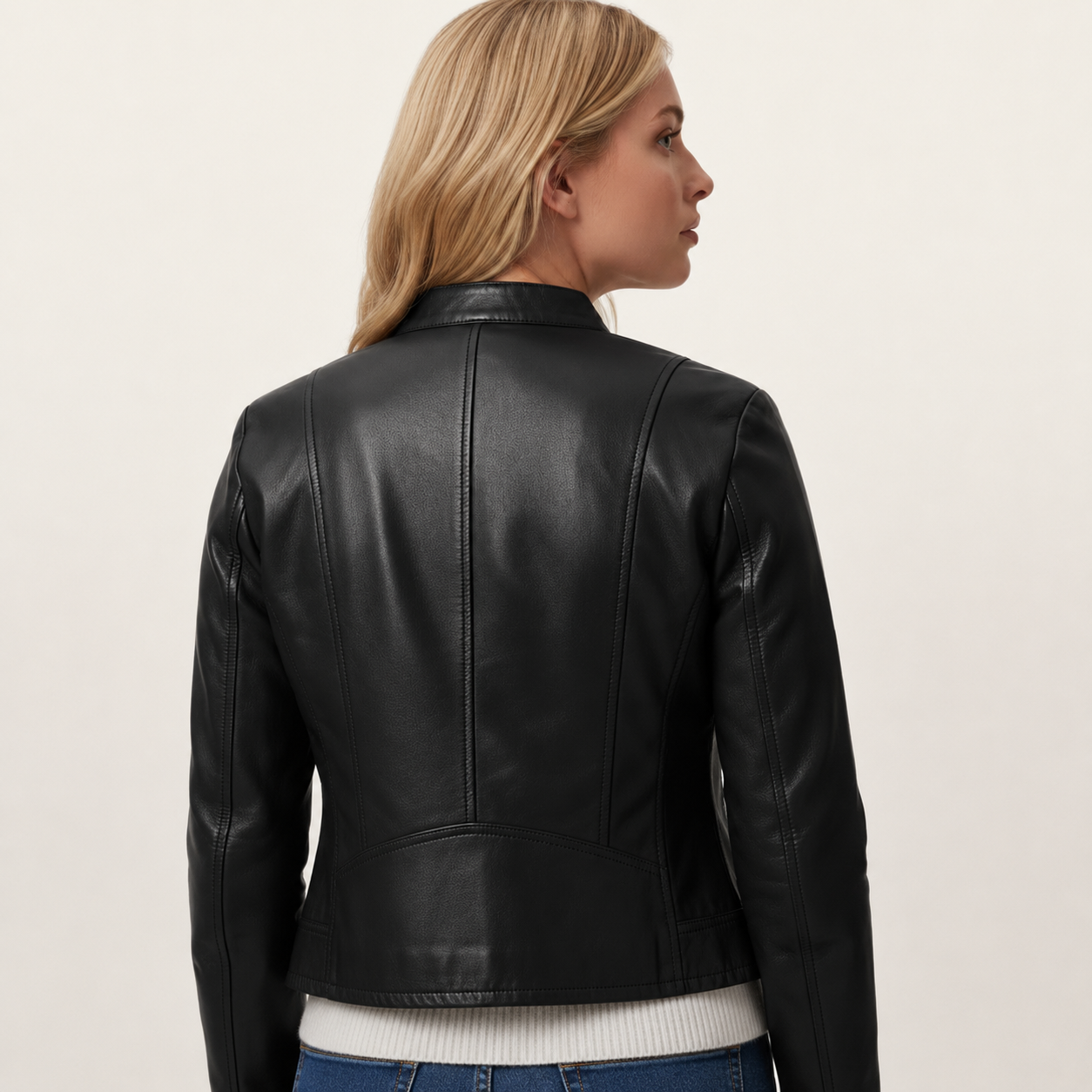 Black leather jacket with sleek stitching, worn by woman with blonde hair
