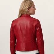 Red leather jacket back view, stylish women's moto coat with tailored fit