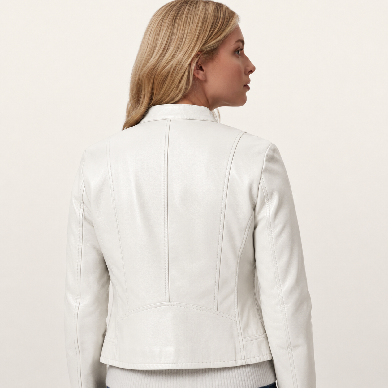 White leather jacket back view, sleek stitching, women's fashion outerwear