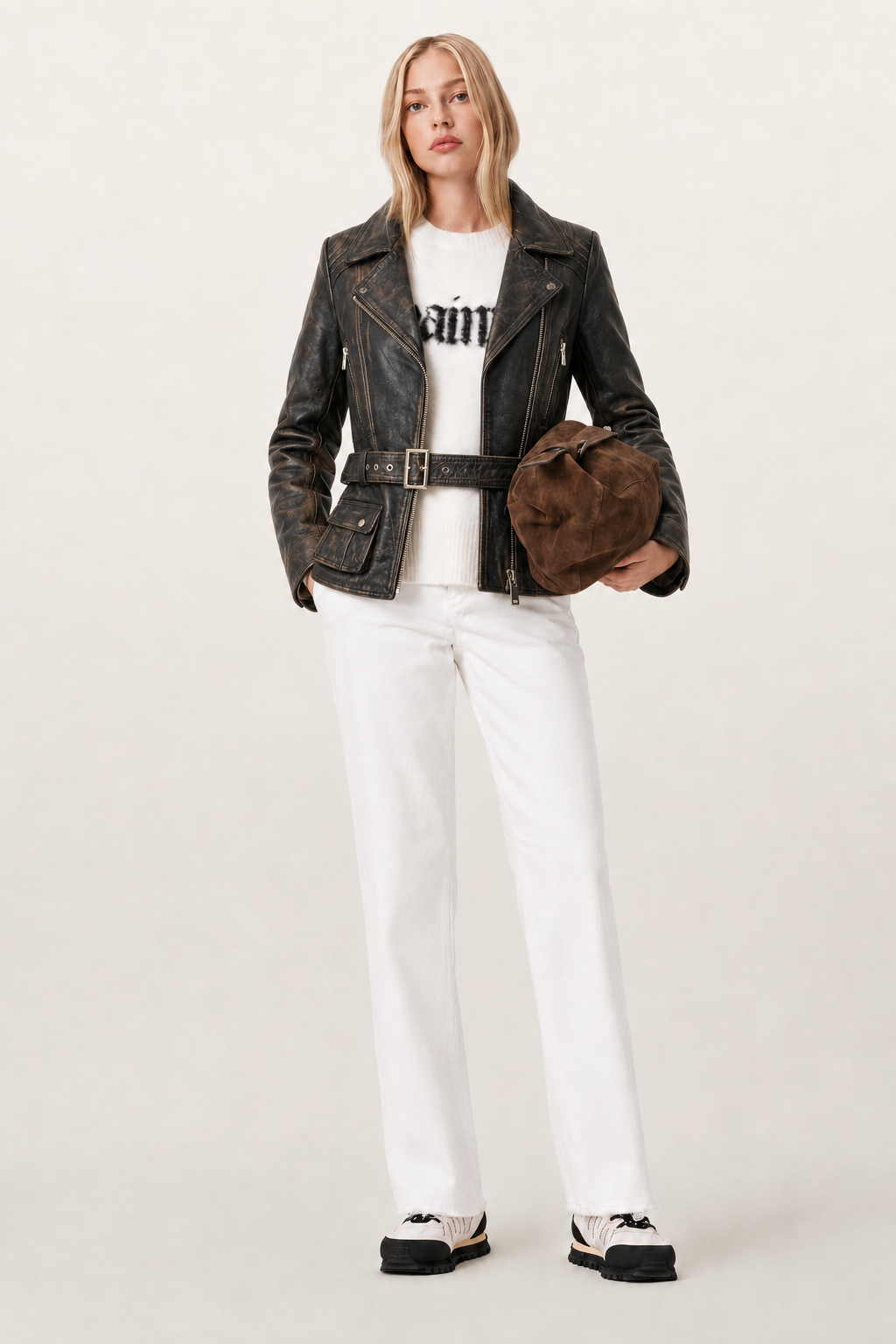 Woman in distressed black leather moto jacket, white jeans, and chunky sneakers holding brown bag
