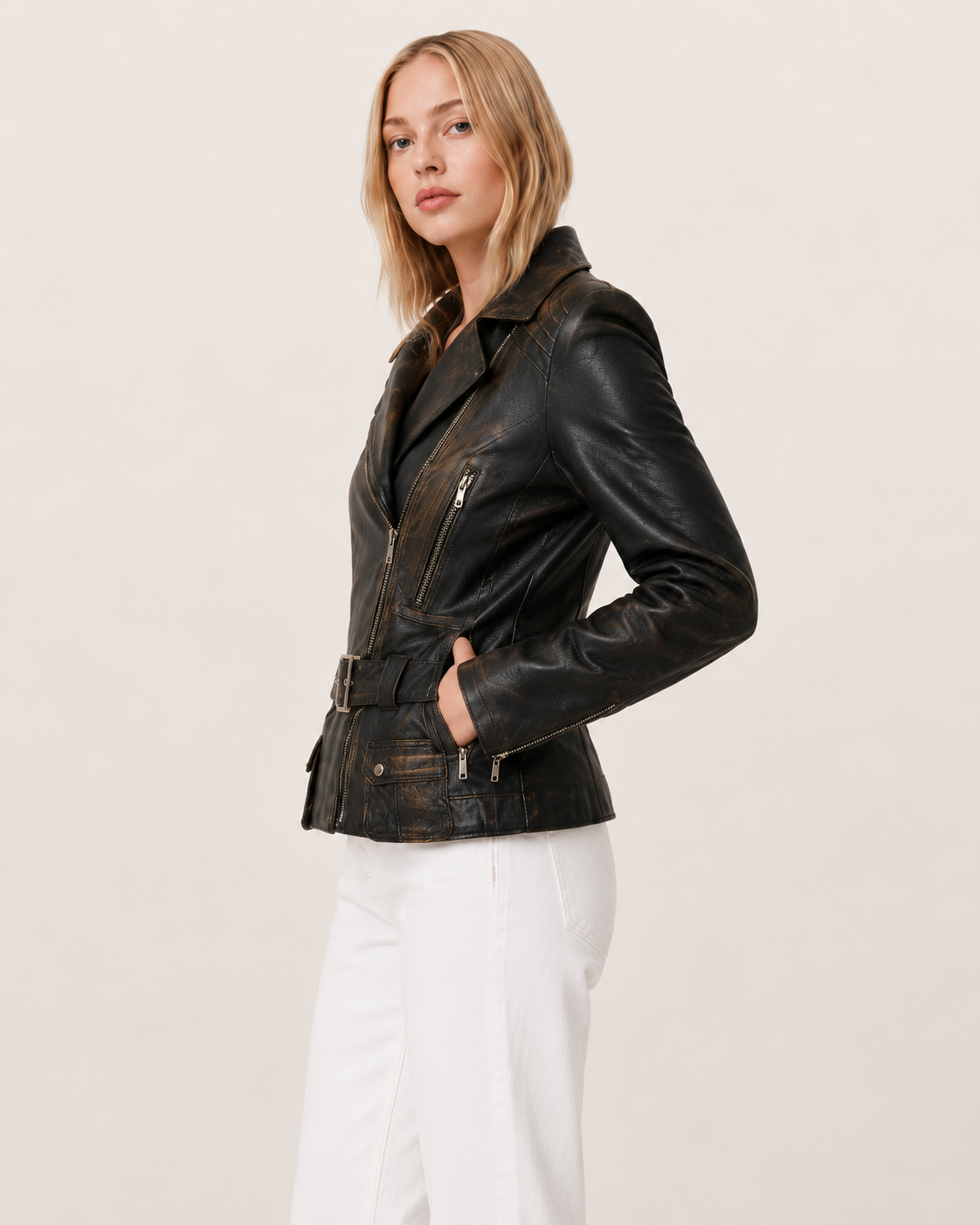 Women's black distressed leather moto jacket with belt, zippers, and pockets, styled with white pants