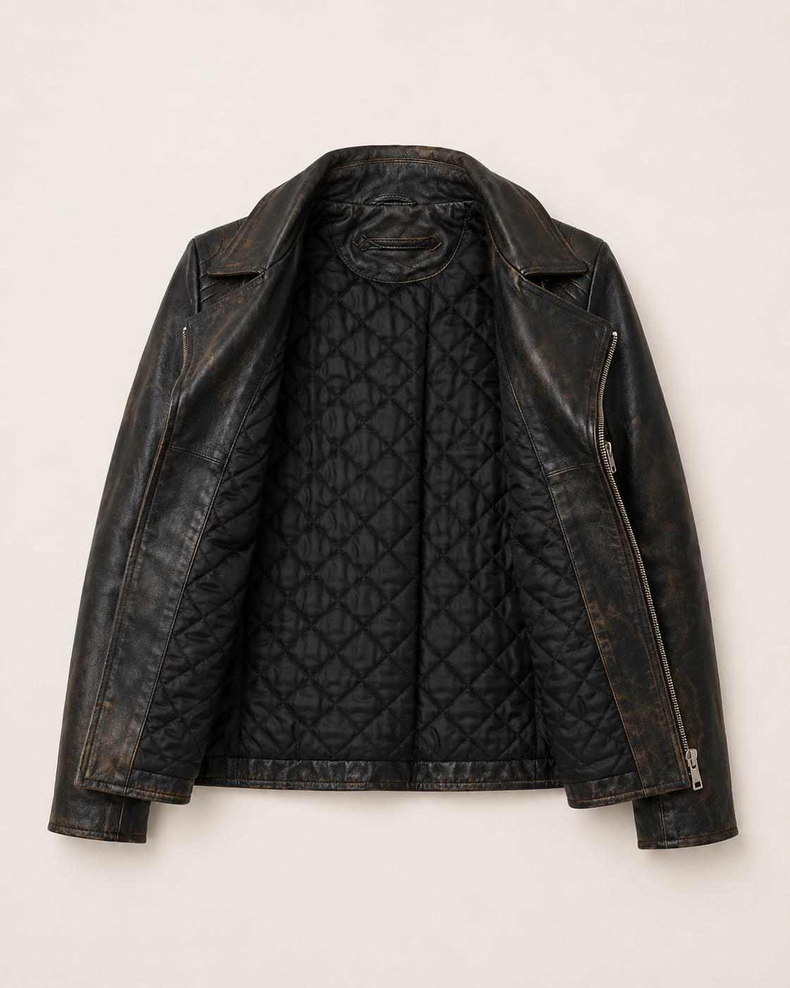 Distressed black leather moto jacket with quilted lining and zipper details