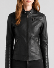 Black women's leather moto jacket with front zipper and side pockets