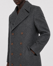 Grey double-breasted wool coat with brown buttons, stylish men's outerwear