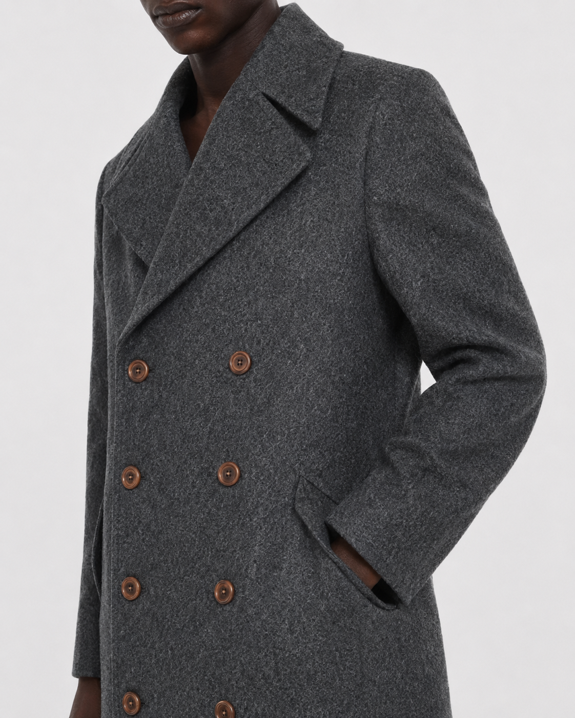 Grey double-breasted wool coat with brown buttons, stylish men's outerwear
