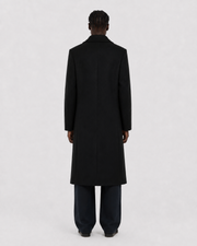 Black men's long coat back view, sleek minimalist design for winter wear