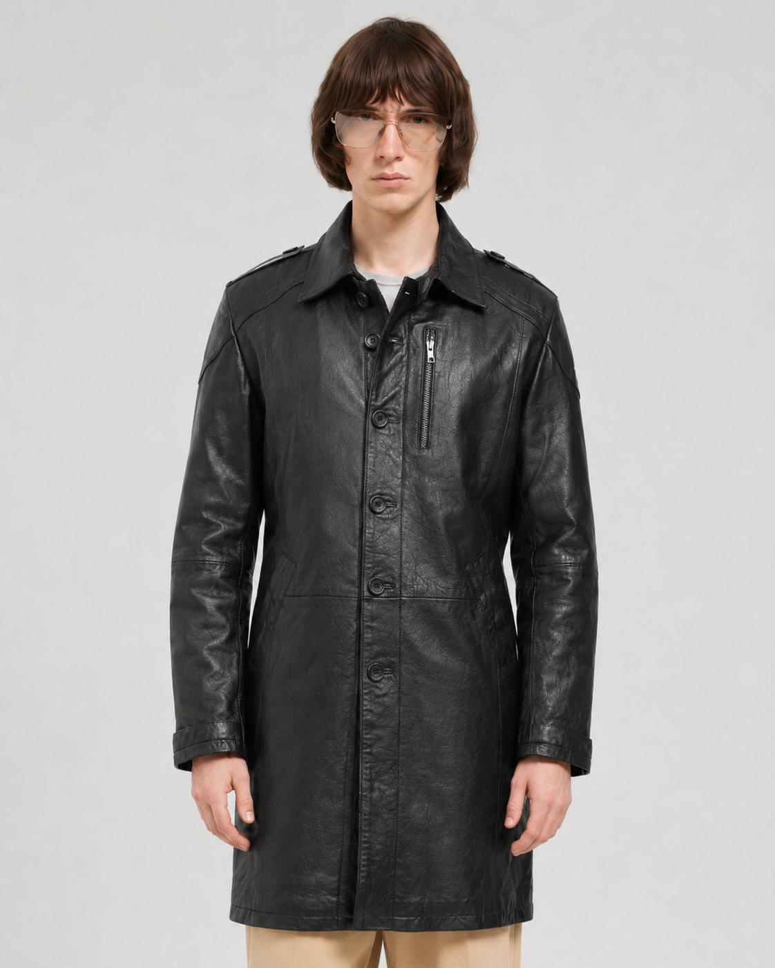 Men's black leather trench coat with button front and zipper pocket, stylish outerwear for fall