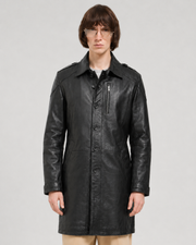 Men's black leather trench coat with button front and zipper pocket, stylish outerwear for fall