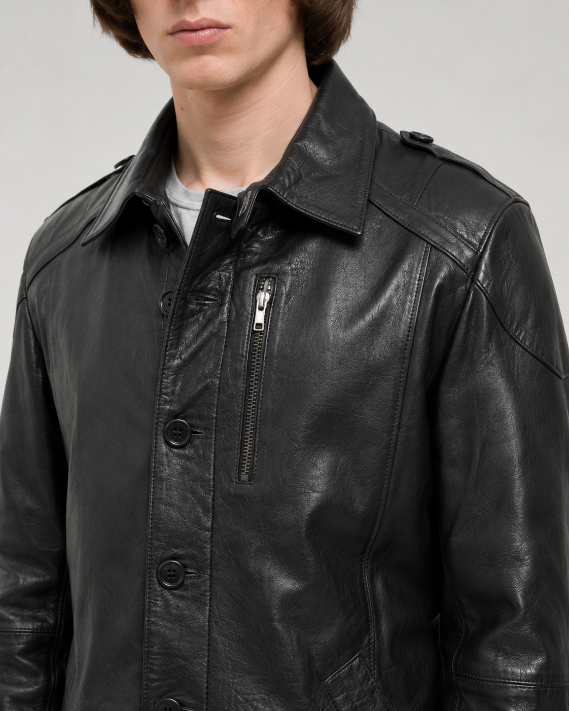 Men's black leather jacket with button front and zipper pocket, stylish casual outerwear