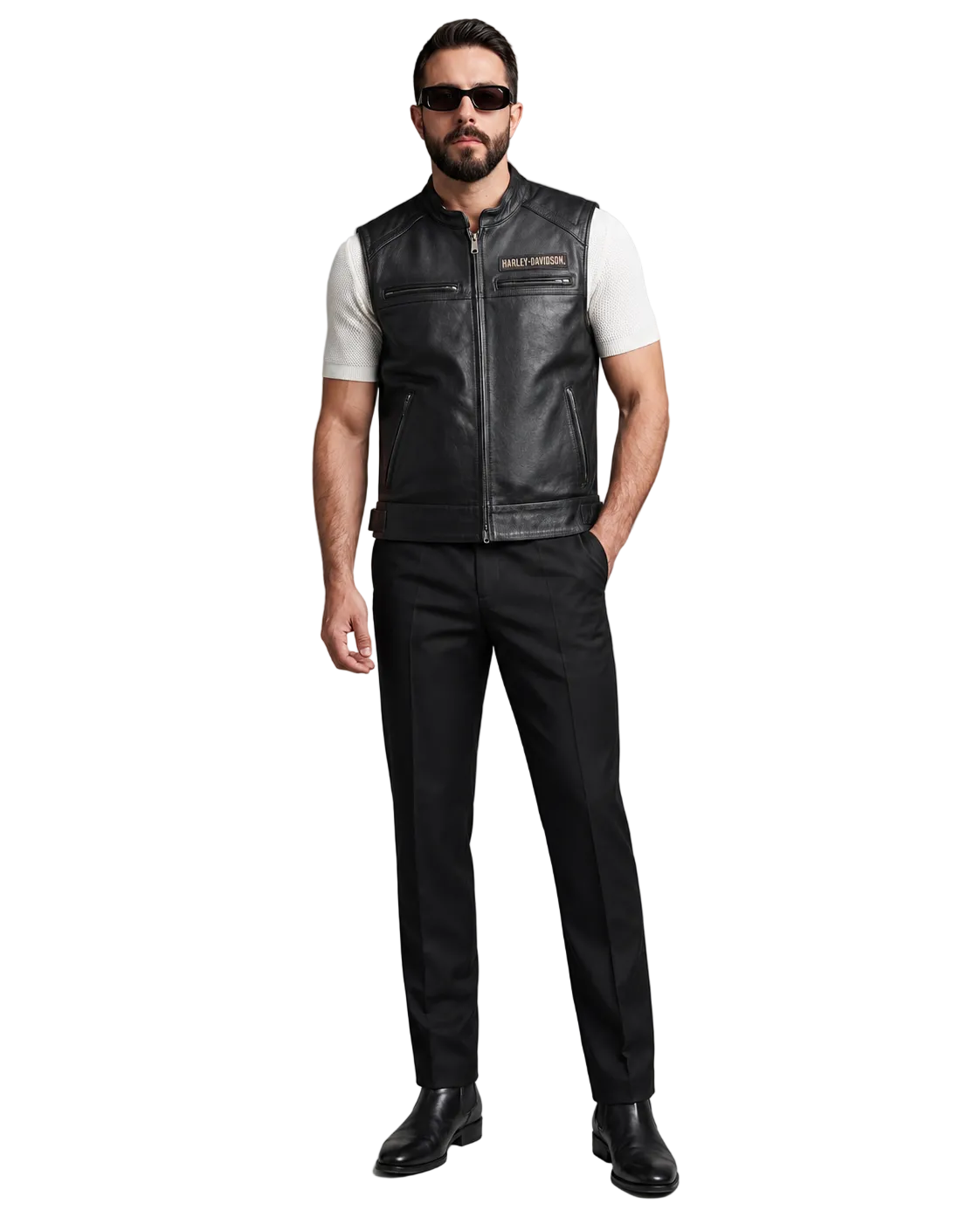 Men's black leather motorcycle vest with Harley-Davidson logo, paired with white shirt and black pants