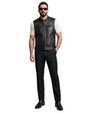Men's black leather motorcycle vest with Harley-Davidson logo, paired with white shirt and black pants