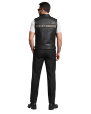 Man wearing black leather Harley-Davidson vest with logo, paired with black pants and shoes