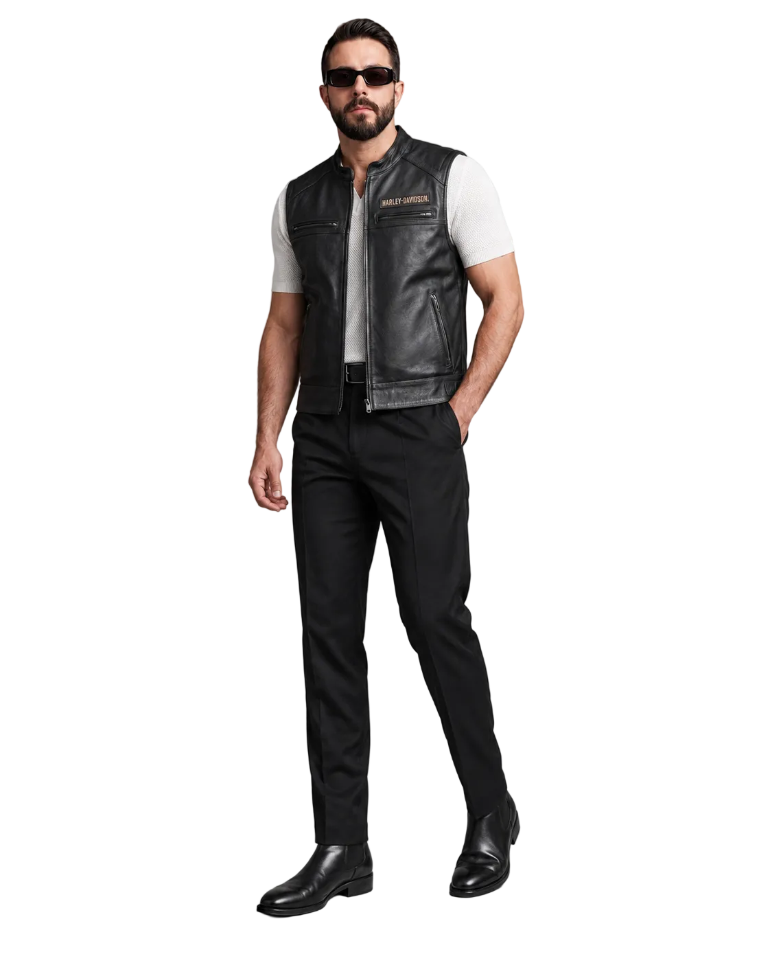 Man wearing black leather Harley-Davidson vest, sunglasses, and black pants for a rugged biker look