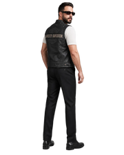 Men's black leather Harley-Davidson vest with logo, worn with white shirt and black pants