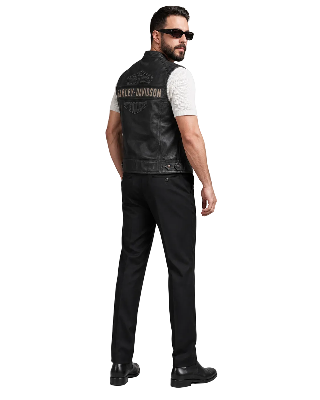 Men's black leather Harley-Davidson vest with logo, worn with white shirt and black pants