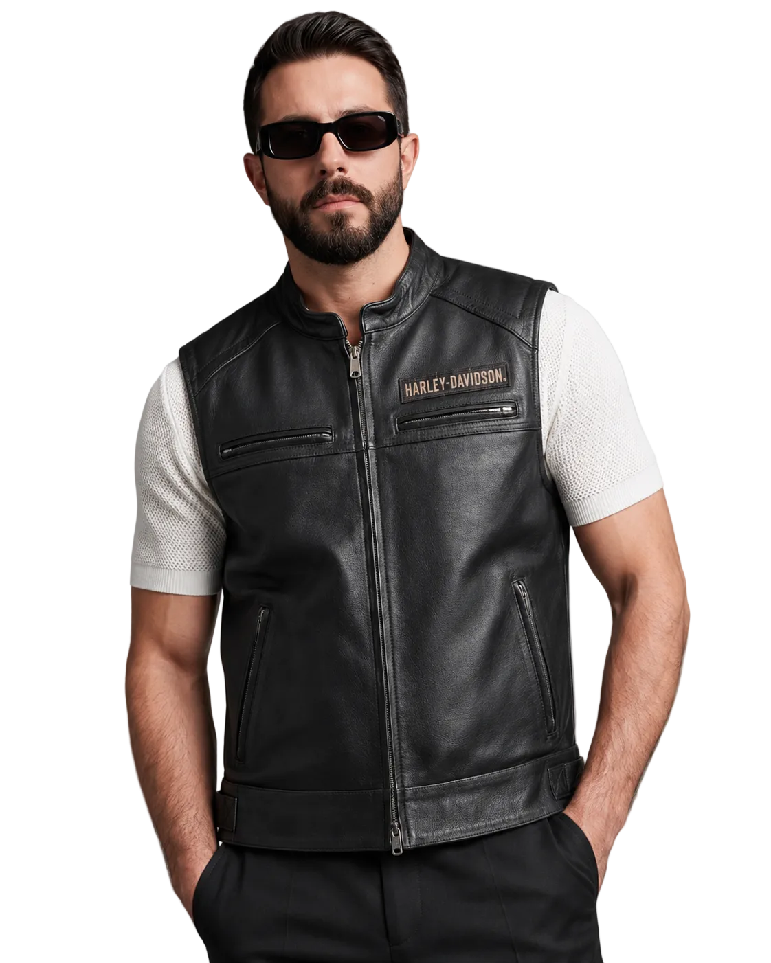 Man wearing black Harley-Davidson leather vest with front zipper and pockets, styled with white mesh tee and sunglasses