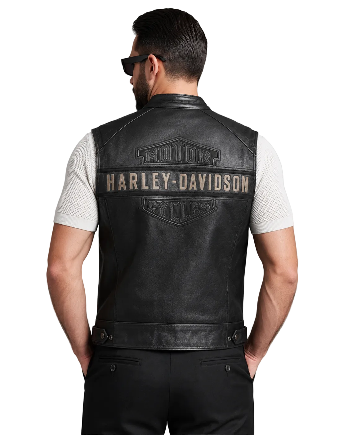 Men's black leather Harley-Davidson vest with embossed logo, worn over white mesh shirt