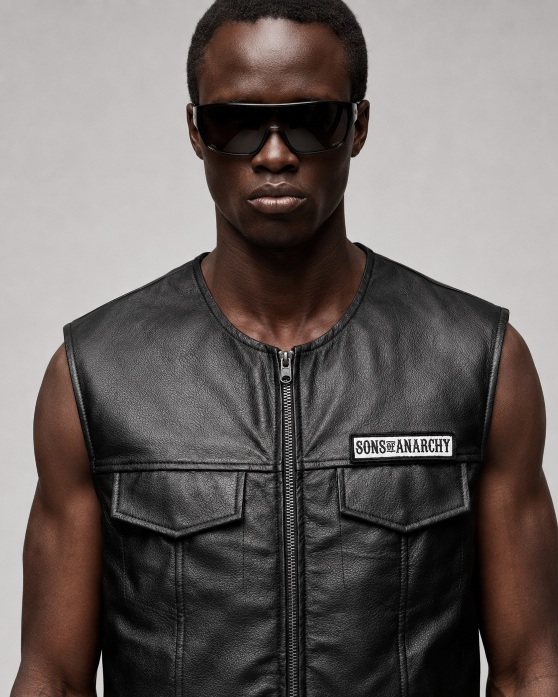Man wearing black leather vest with Sons of Anarchy patch, zip front, and sunglasses