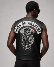 Men's black leather vest with Sons of Anarchy skull patch, biker style