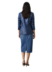 Blue leather blazer with denim midi skirt and black heels