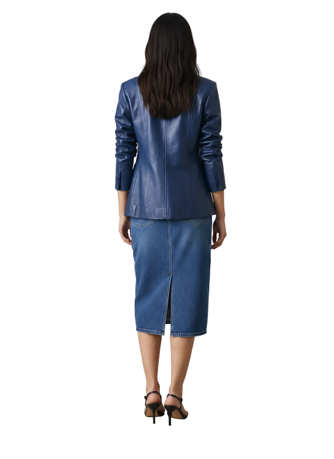 Blue leather blazer with denim midi skirt and black heels