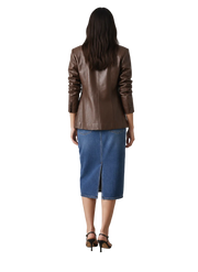 Brown leather blazer with ruched sleeves paired with blue denim midi skirt and black heels