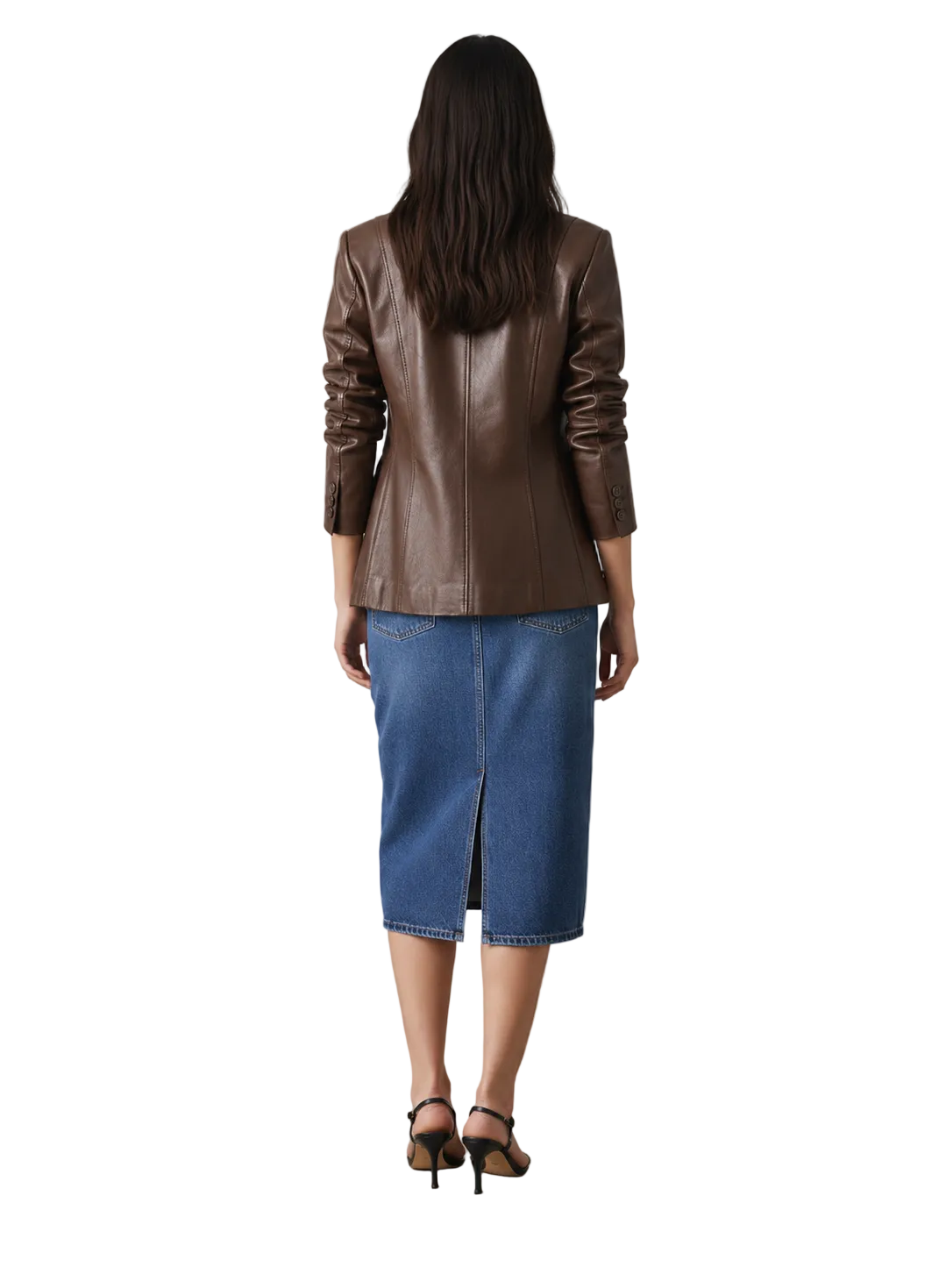 Brown leather blazer with ruched sleeves paired with blue denim midi skirt and black heels