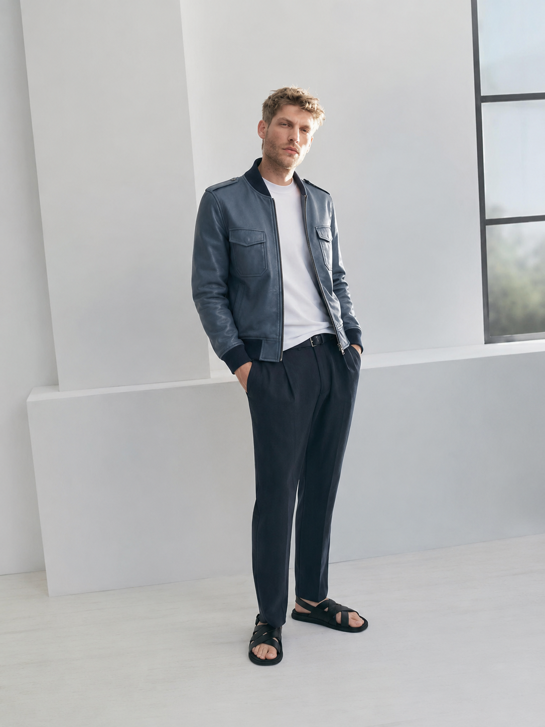 Man in navy leather bomber jacket, white tee, dark trousers, and black sandals, modern minimalist setting